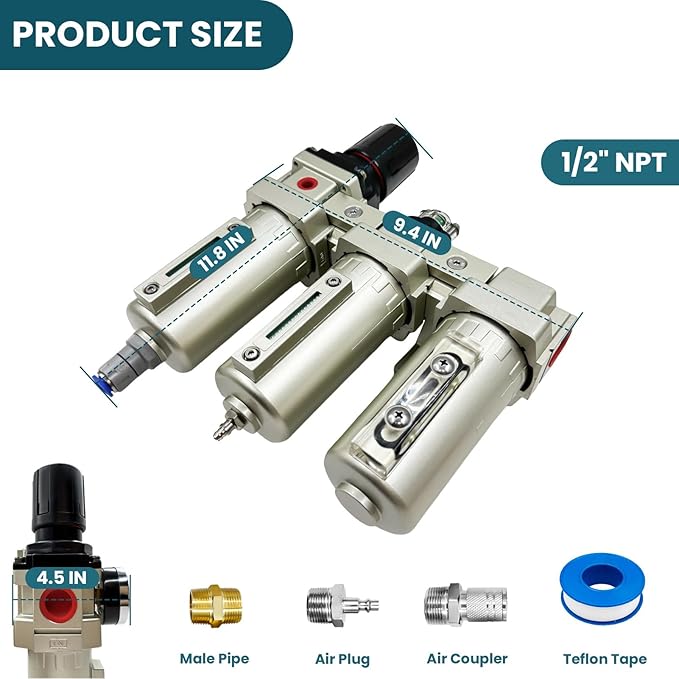 Upgraded 1/2" NPT Heavy Duty Industrial Grade 3 Stage Air Drying System, Particulate Filter, Coalescing Filter, Desiccant Dryer & Air Regulator - for Plasma Cutter, Paint Spray（Auto Drain） - AquaVibe