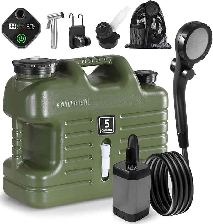 Portable Camping Shower with 5 Gallon Water Jug, 6000mAh Rechargeable Outdoor Camping Shower Kit, IPX7 Waterproof Pump BPA Free Water Containers Camp Essentials