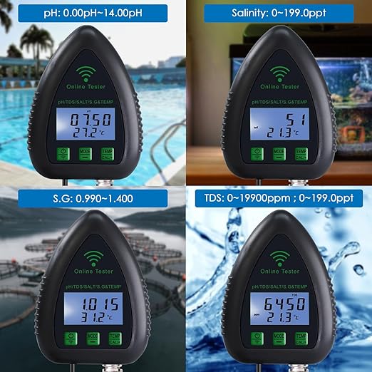 WiFi Water Quality Monitor 5-in-1 pH, S.G., TDS, Salt & Temperature Tester | 24/7 Online Hydroponic Monitoring with Data Logging & Alarms for Aquariums, Fish Ponds & Saltwater Pools