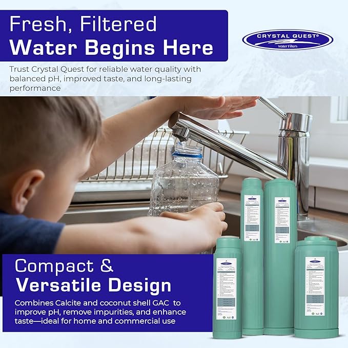 Crystal Quest Calcite & Coconut Shell GAC Water Filter Cartridge – pH Balancing, Dual-Stage Filtration, Removes Impurities, Enhances Taste – Fits Countertop & Inline Systems 2-7/8" x 9-3/4"