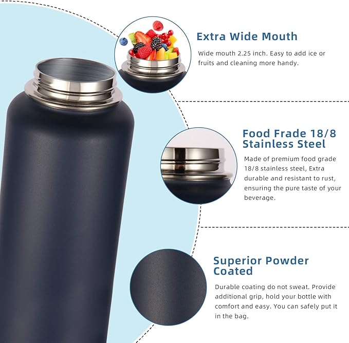Volhoply 32 oz Insulated Water Bottles Bulk 2 Pack with Straw Lid & Spout Lid,Stainless Steel Sports Water Bottle,Double Wall Vacuum Cups,Leakproof Wide Mouth Metal Flask for Travel(Navy,2)