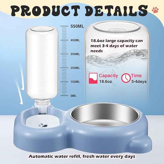 Blue Cat Food and Water Bowl and Non-Slip Silicone Mat Set Stainless Steel Food Bowl with 18.6oz Large Capacity Water Dispenser for Cats and Small Dogs