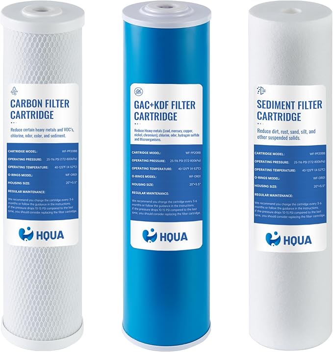 HQUA 3-stage Replacement Filter Cartridges Set, PP, GAC KDF, Carbon Block, Fit for WF3 Series Whole House Water Filter (PP,GAC+KDF, Carbon Block)