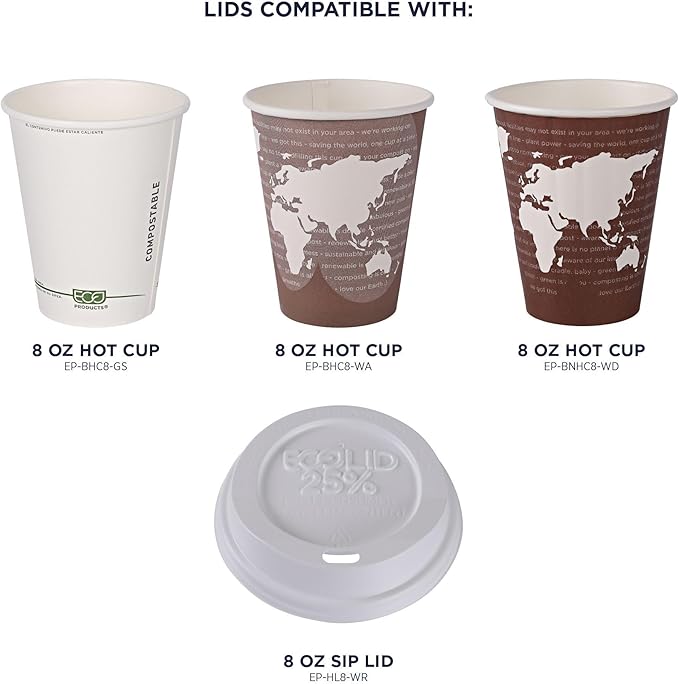 Eco-Products Ecolid Recycled Small Coffee Cup Lids, Case of 1000, White, Fits 8oz Hot Cups, Made from 25% Post-Consumer Recycled Plastic Polystyrene, Made in the U.S.A.