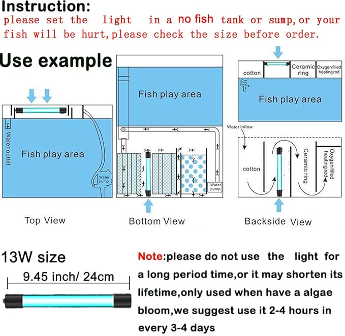13W Timer Aquarium Clean Light Algae Clear Green Bloom Clean Fish Tank Water Clean Lamp for Sump Pond Filter Tank
