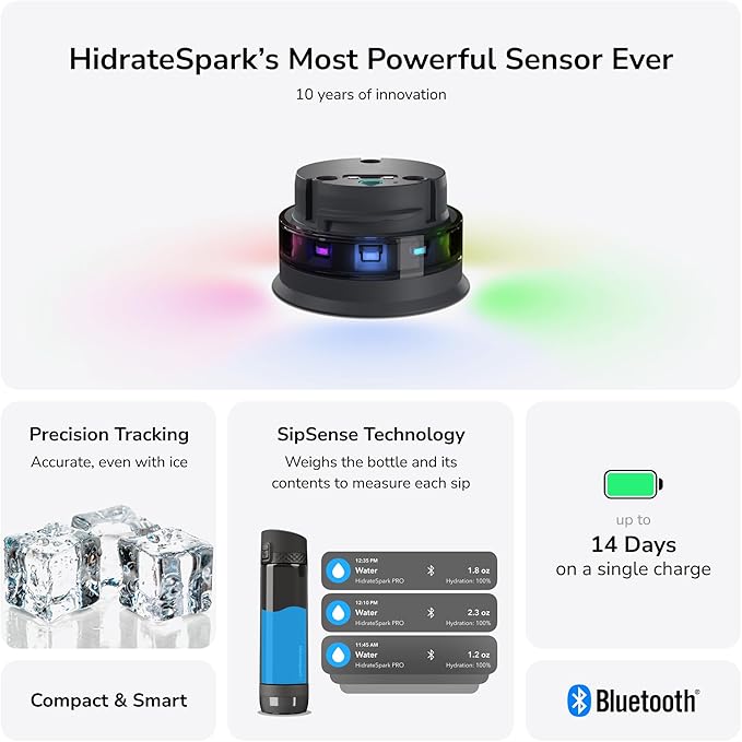 Hidrate Spark PRO Lite Bundle Smart Water Bottle - Tracks Water Intake & Glows to Remind You to Stay Hydrated, Chug & Straw lid, 24oz (Black)