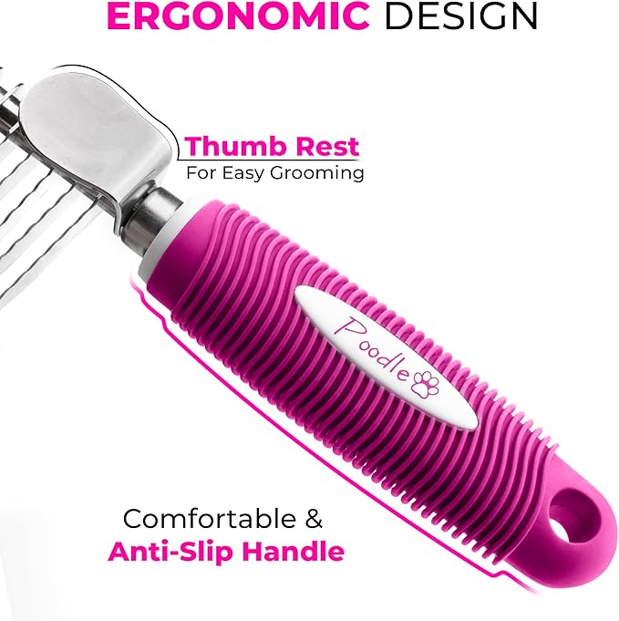 Poodle Dematting Fur Rake Comb Brush for Dogs and Cats - Long 2.5" Steel Safety Blades Metal Comb for Detangling Matted or Knotted Undercoat Hair - AquaVibe