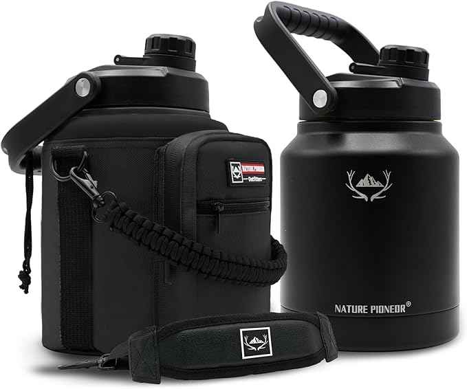 NATURE PIONEOR 84 oz Insulated Water Bottle - Double Vacuum Stainless Steel Water Jug with Holder/Carrier, Wide Mouth, Outdoor Sports, Hiking, Camping, Gym