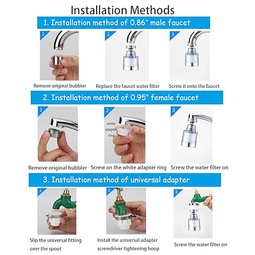 3 Pack Sink Water Filter Faucet, Universal 360 ° Rotating Bathroom Sink Filter, Kitchen Faucet Water Filter Removes Chlorine Fluoride Heavy Metals Hard Water for Home Bathroom Kitchen