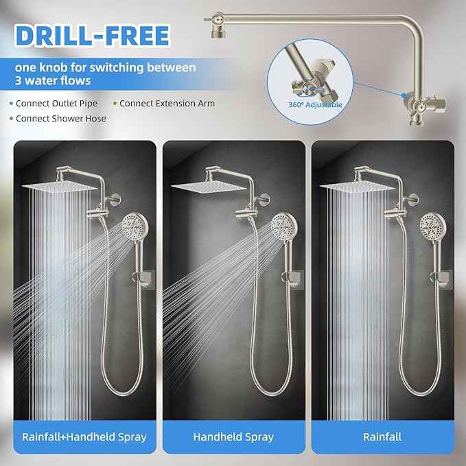 All Metal Shower Head, 8" High Pressure Rainfall/Handheld Shower Combo with 11" Extension Arm, 10-Spray Handheld Showerhead, 71" Long Hose, 3-Way Diverter Valve, Brushed Nickel