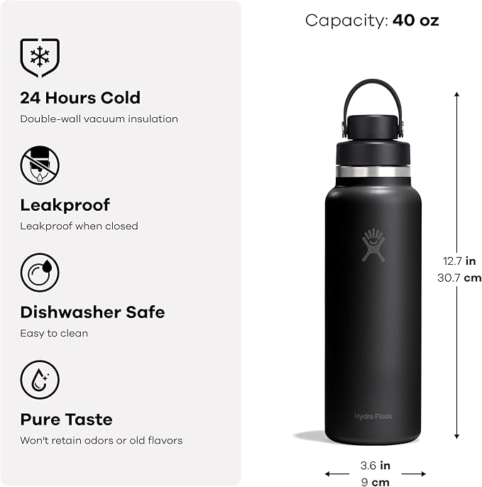 Hydro Flask Water Bottle - Insulated Stainless Steel - Wide Mouth Flex Chug Lid, Non Spill, Leakproof in 40 Oz Tonal White