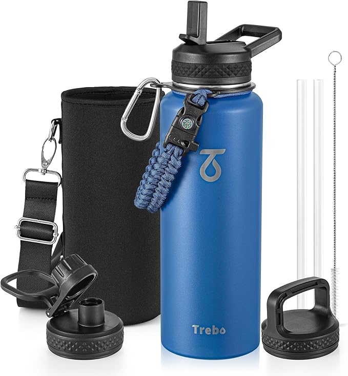 Trebo Water Bottle 40oz with Paracord Handle, Half Gallon Large Vacuum Double Wall Stainless Steel Insulated Water Jug with Holder Strap Straw Spout Lids, Leakproof Keep Cold & Hot,Classic Blue