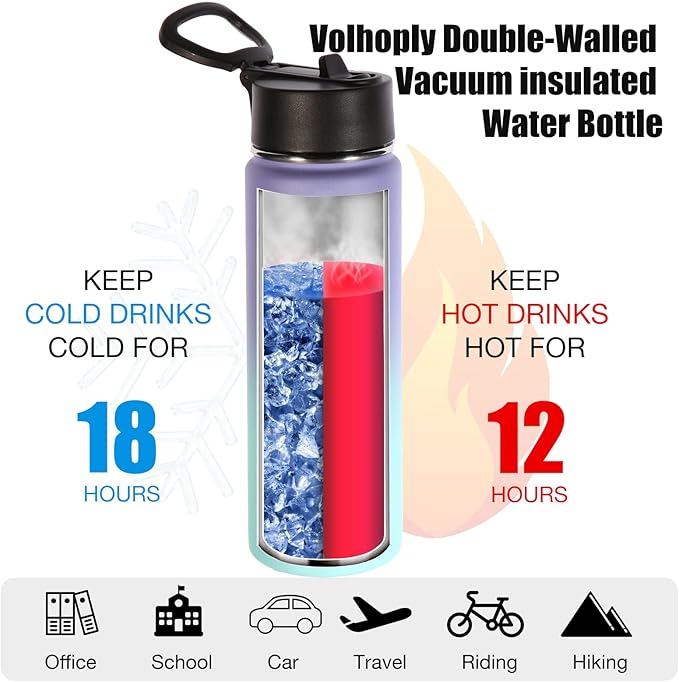 Volhoply Insulated Water Bottles with Straw Bulk 4 Pack, 22 oz Stainless Steel Sports Bottle with Lid,Metal Travel Water Cups with Wide Mouth, Reusable Cold Water Flask for Hiking(Assorted,4 Set)