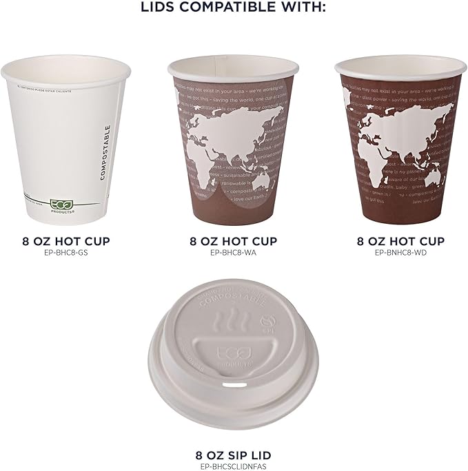 Eco-Products Compostable Molded Fiber Coffee Cup Lids, Case of 1000, White GreenStripe Tops, Fits 8oz Hot Cups, Disposable White Molded Fiber, No PFAS, Tree-Free, ASTM Compliant, BPI-Certified