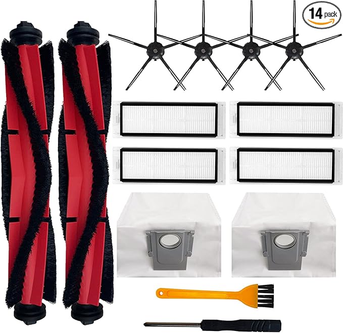 Replacement Accessories Kit Compatible With Roborock Q5 Q5+ Q5 Plus Robot Vacuum Cleaner,1 Main Brush,4 Side Brushes,4 Hepa Filters,2 Dust Bags (14 PCS) - AquaVibe
