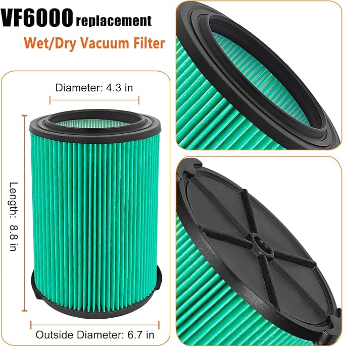 VF6000 Replacement Filter for Ridgid Shop Vacuums 5-20 Gallon, Universal VF6000 Filter Fits Rigid Wet Dry Vac/Husky Shop Vacuum Filter 6-9 Gallon with Foam Sleeves- 1 Pack - AquaVibe