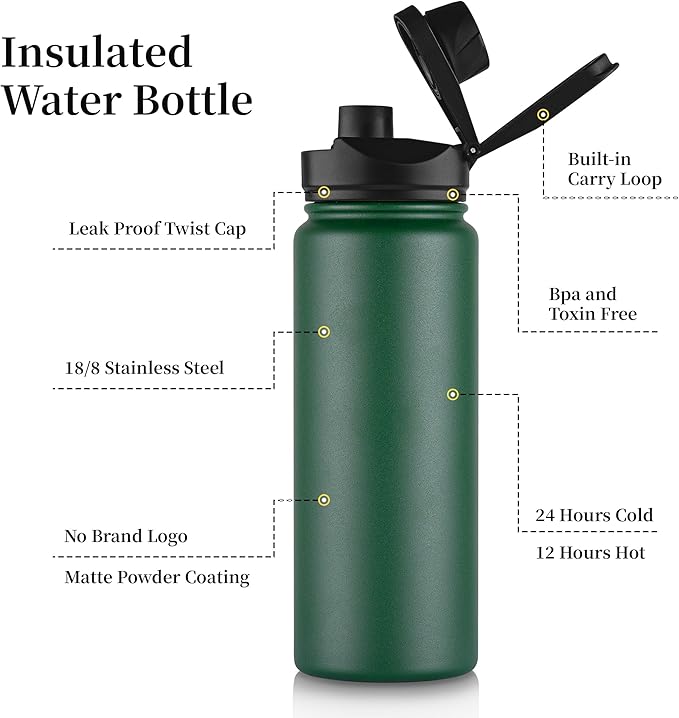 24 oz Insulated Water Bottle Bulk 8 Pack, Stainless Steel Sports Water Bottles with Straw Lid & Wide Mouth Lids, Double Walled Vacuum, Leak Proof, Dark Green