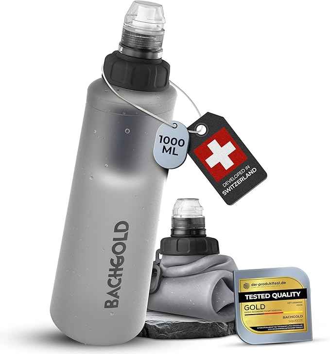 Water Filter Camping – Bachgold Foldable Squeeze Portable Water Filter for Hiking, Backpacking & Emergency Use | Ultralight Outdoor Filtration Bottle, Swiss Design