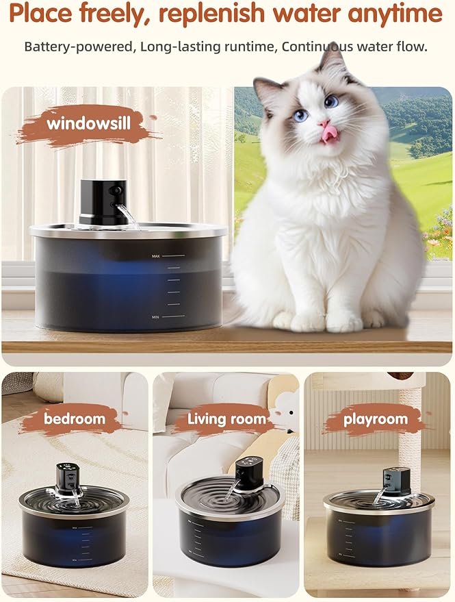 Stainless Steel Wireless Cat Water Fountain 3.2L/108oz Automatic Cat Water Dispenser 4000mAh Battery Operated Large Capacity Pet Water Fountains for Cats Dogs (ABS)