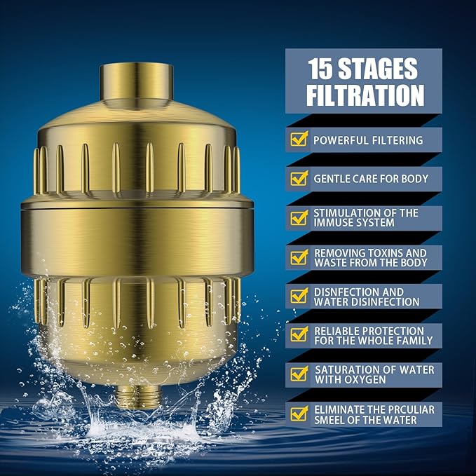 Shower Head and 15 Stage Shower Filter Combo, FEELSO High Pressure 5 Spray Filtered Showerhead with Water Softener Filters for Hard Water Remove Chlorine and Harmful Substances (Golden)