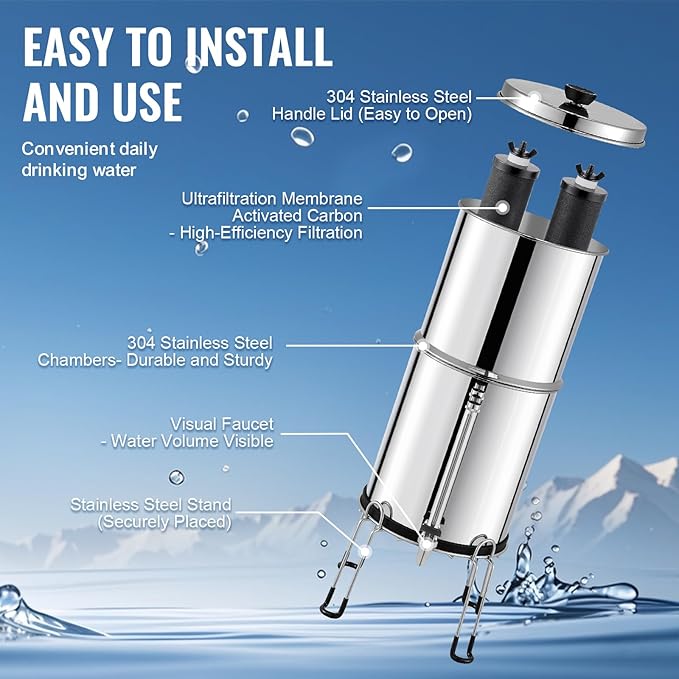 VEVOR Gravity-fed Water Filter System, 2.25G 304 Stainless-Steel Countertop System, Water Filtration System, Reduces Lead and up to 99% of Chlorine, with 2 Carbon Filters, Water Level Spigot, Stand