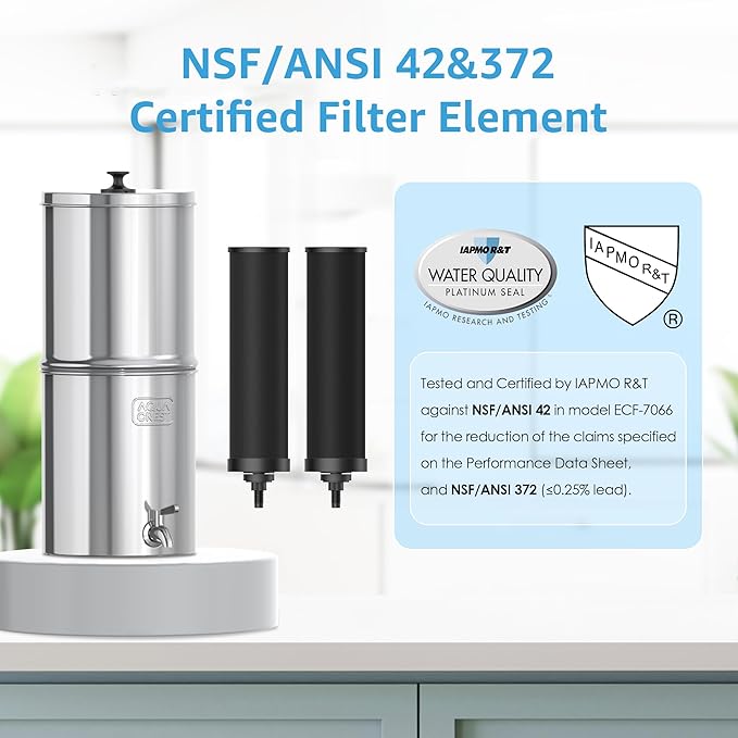 AQUA CREST Gravity Water Filter System, 304 Stainless Steel Countertop System with 6 Filters and Anti-Slip Stand, Reduce Fluoride and Chlorine, 2.25G, for Home, Camping, RVing, Off-Grid, Emergencies
