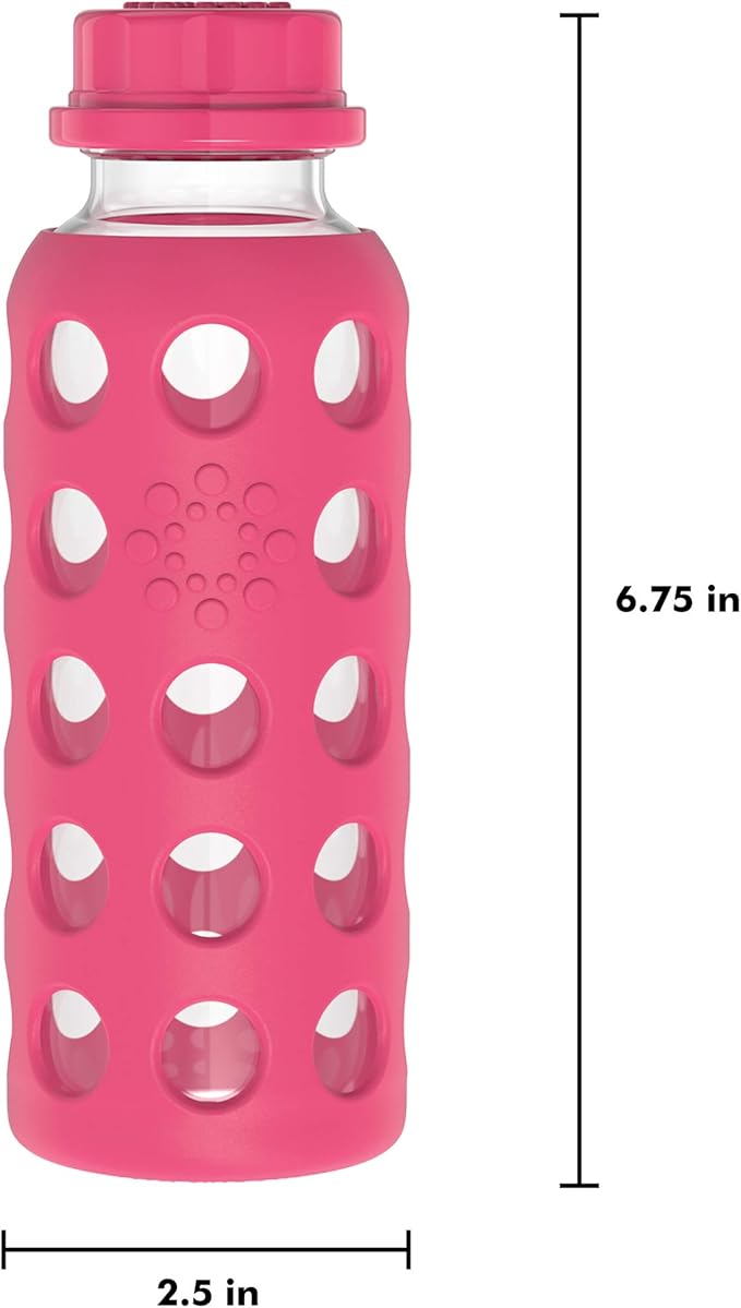 Lifefactory 9-Ounce BPA-Free Glass Water Bottle with Flat Cap and Silicone Sleeve, Raspberry