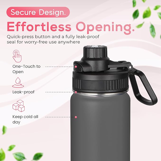 Y TOP 18 oz Insulated Water Bottle Leak Proof Spout Lid Fits in Car Cup Holder – Double Wall Dishwasher Safe Easy Clean stainless steel drinking water bottle for Gym Kids Sports Travel Hiking School
