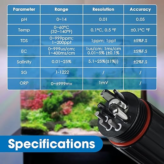 Smart Aquarium Water Quality Monitor 7-in-1 pH, Temperature, TDS, EC, Salinity, ORP & Specific Gravity Real-Time Alerts with App Control, Replaceable Probe for Freshwater, Saltwater, Reef & Ponds