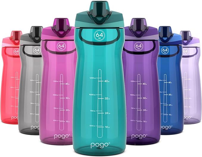 Pogo 64oz Plastic Water Bottle with Leak-Proof Chug Lid and Carry Handle, Reusable, BPA Free, Capacity Markings, Dishwasher Safe, Perfect for Travel, School, Outdoors, and Gym, Teal