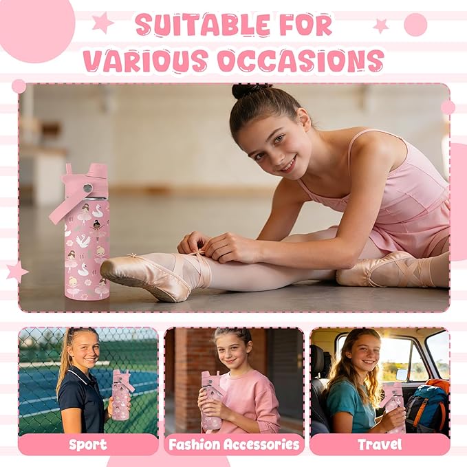 Gift for Ballerina Girls, 18oz Ballet Water Bottle with 2-in-1 Straw and Spout Lid, Dancer Dancing Kids Insulated Stainless Steel Tumbler Cup, Ballerina Gifts for School Teens Girls