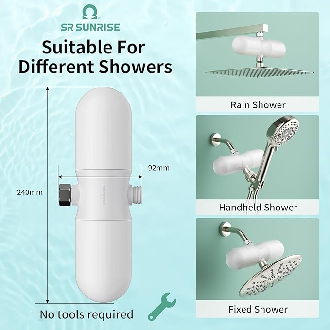 SR SUN RISE Duo Shower Filter - NSF Certified 20-Stage Shower Filter for Hard Water, Water Softener, Removes Chlorine, Heavy Metals, High Flow, Easy Replace Cartridge, Nourish Hair & Skin, Matte White