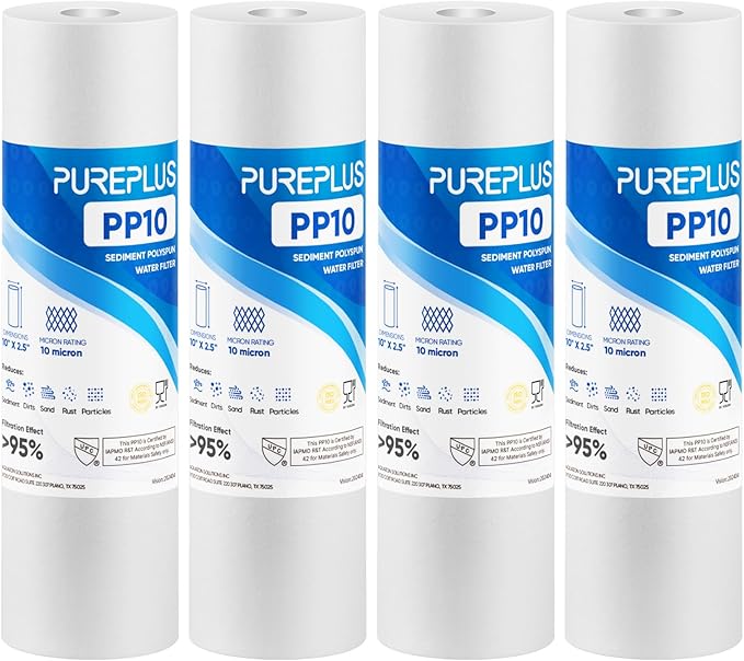 PUREPLUS 10 Micron 10" x 2.5" Whole House Sediment Home Water Filter Cartridge Replacement for Any 10 inch RO Unit, Culligan P5, Aqua-Pure AP110, Dupont WFPFC5002, CFS10, WHKF-G05, 4Pack