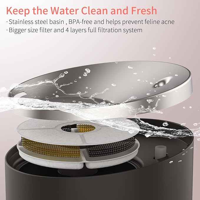 beQ Cat Water Fountain, 84oz/2.5L Stainless Steel Automatic Pet Fountain Dog Water Dispenser with Replacement Filters for Cats, Dogs, Multiple Pets Drinking Bowl, Indoor Ultra-Quiet Smart Pump, Black