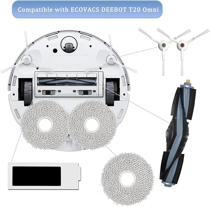 GYLBF Accessories Kit for Ecovacs Deebot T20 Omni, Replacement Parts for Ecovacs Deebot T20 e Omni Vacuum Cleaner, 1 Main Brush, 2 HEPA Filters, 4 Sidebrushes, 4 Mop Pads, 4 Dust Bags - AquaVibe