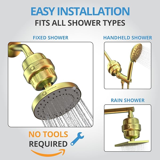weAQUA Heavy Duty NO BS Shower Filter – 99% Removal for Hard Water, Chlorine, Fluoride, Heavy Metals, Micro-life, Organics and More (Matte Gold)
