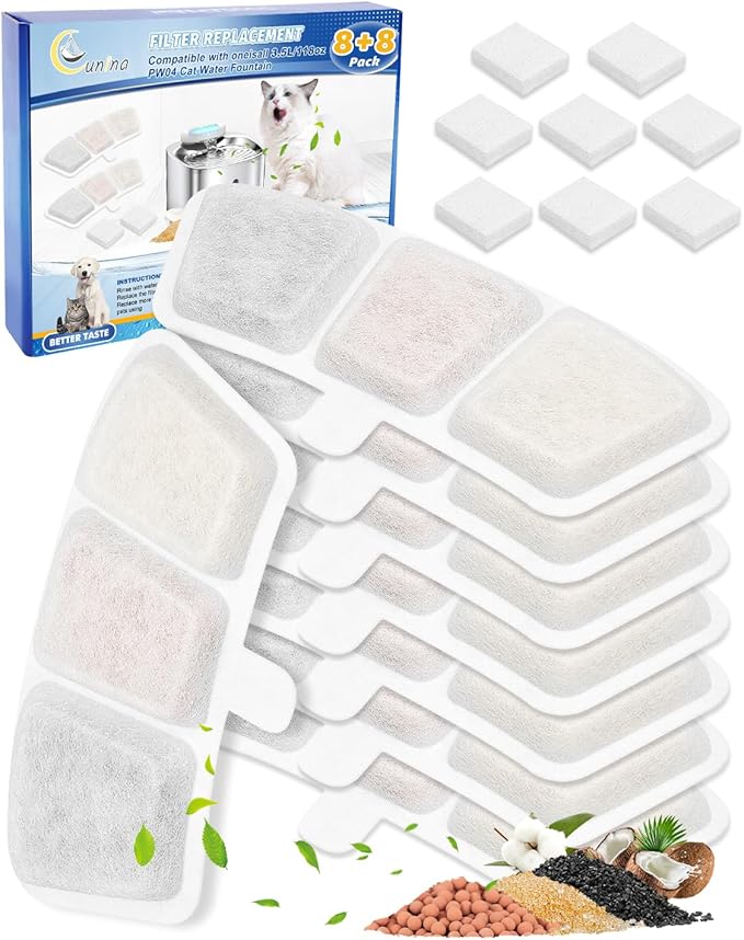 8+8 Pack Cat Water Fountain Filter Replacement Compatible with oneisall PW04 3.5L/118oz, Cat Fountain Filters Replacement Fit for oneisall, Multilayer Filters System, 8 Filters + 8 Sponge