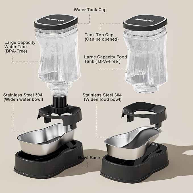 Automatic Pets Gravity Feeder and Water Dispenser Set with Stainless Steel Bowl, 1Gallon x 2 Stable Dog Food Feeder and Waterer, 100% BPA-Free for Small&Medium Dogs, Cats, Puppies(Black)