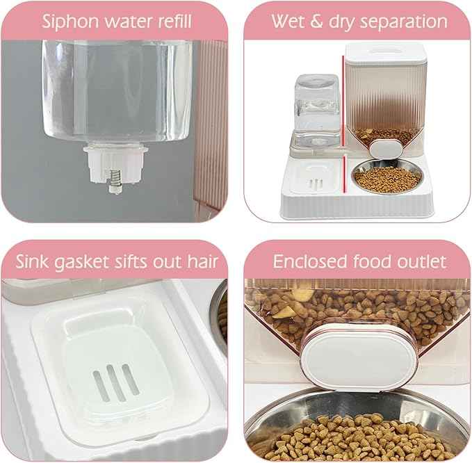 Fhiny Gravity Cat Feeder & Water Dispenser, 2 in 1 Automatic Puppy Waterer Removable Stainless Steel Food Bowls Set Self Feeding Pet Food Storage for Cat Kitten Puppy Easy Clean (White)