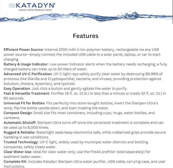 Katadyn Steripen Ultra Portable UV Water Purifier – Rechargeable 2200mAh Battery, Eliminates 99.99% Microorganisms, Fast Water Treatment for Hiking, Camping & Travel
