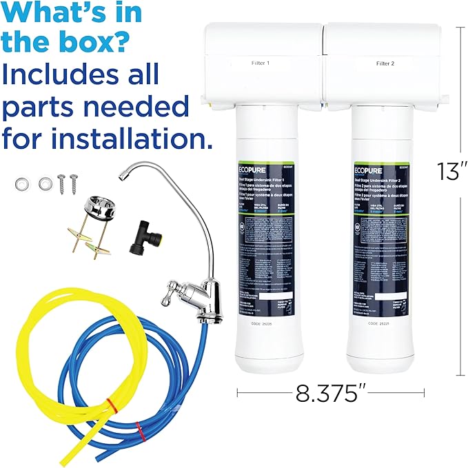 EcoPure ECOP20 2 Stage Under Sink Water Filter System – NSF-Certified to Reduce 58 Contaminants – Clean Drinking Water – Easy Filter Changes – Includes Chrome Faucet & Filters
