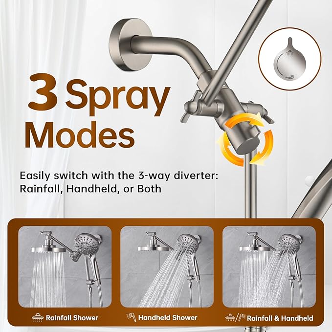BRIGHT SHOWERS Rain Shower Head with Handheld Spray Built-in Power Wash, High Pressure Dual Shower Head with Adjustable Extension Arm, 3-Way Diverter, 9-Mode Handheld, 69” Long Hose, Brushed Nickel