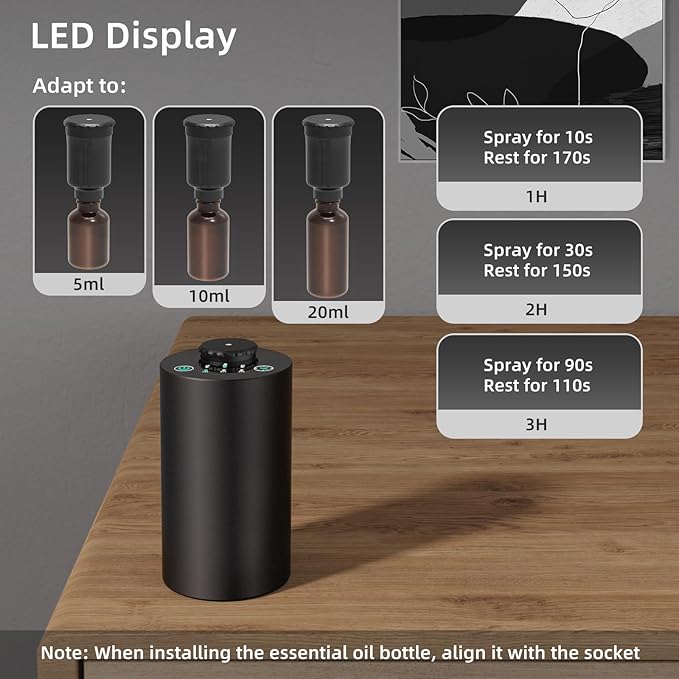 Waterless Essential Oil Diffuser Battery Operated Cordless Aromatherapy Diffuser with Timing & 3 Mist Levels car Diffuser，Black Aluminum Alloy (E10-2A)