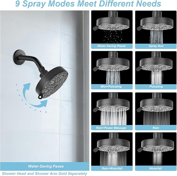 OFFO Shower Head, High Pressure Shower Head with Pause Mode, 9 Mode Fixed Showerheads for Strong Water Flow & Relaxing Shower Experience, Matte Black - AquaVibe