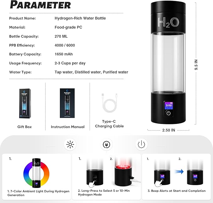 Hydrogen Water Bottle Generator - 6000PPB High Concentration, SPE PEM Tech, Portable 9Oz Hydrogen Water Ionizer, Rechargeable Rapid Hydrogen Boost, Travel Friendly with Bottle Adapter, Black