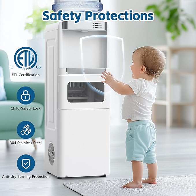 4 in 1 Water Cooler Dispenser with Ice Maker, Hot & Cold Water Dispenser for Home & Office, 33lbs/24H Bullet Ice, Top Loading 3-5 Gallon, Child Safety Lock, Ice Ready in 7 Min (White)