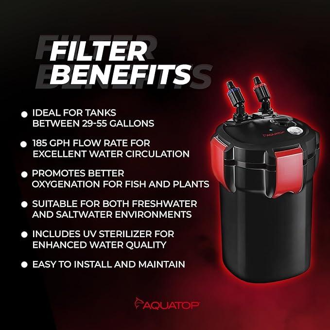 Aquatop Forza 3 Canister Filter – 7W UV, 185 GPH Flow – for 29-55 Gallon Tanks – Ideal for Fresh & Saltwater – Includes Filter Media