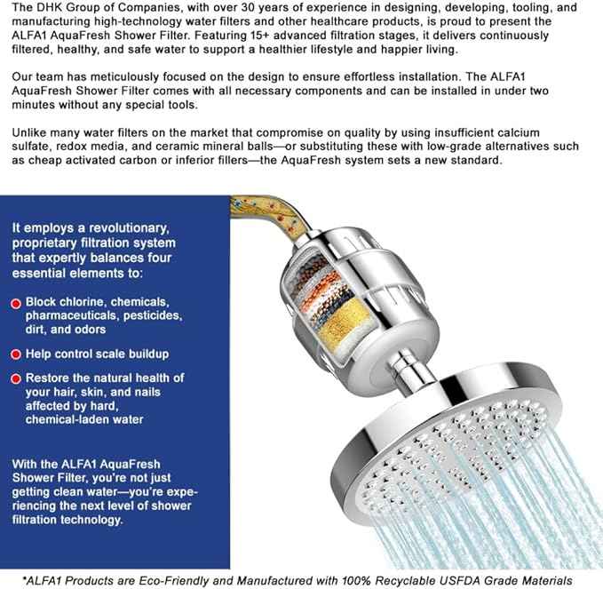 ALFA1 AquaFresh Shower Filter with 15-Stage Filtration | Tool-Free Installation | Hard Water Filter | Prevents Hair Loss | Dandruff | Skin Acne | Removes Chlorine | Universal Fit for All Showers