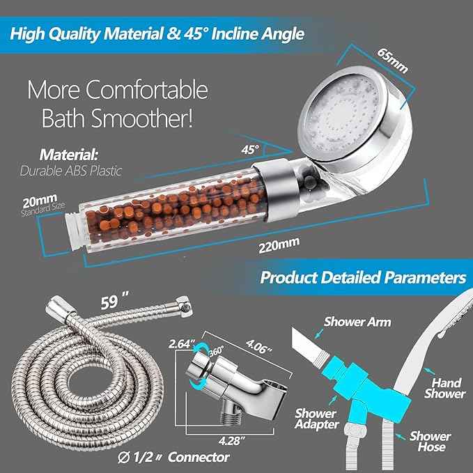 LED Shower Head with Handheld, Shower Head High Pressure Shower Head with Hose, Holder & PTFE Tape etc, 3 Water Temperature-Controlled Water Saving Filtered Shower Head for Dry Hair& Skin