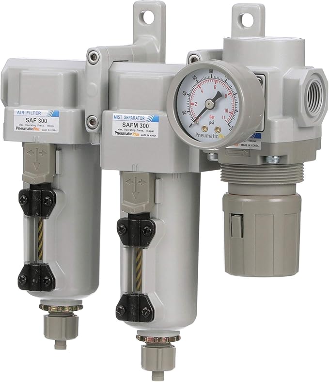 PneumaticPlus SAU330-N03G-MEP Three Stage Compressed Air Drying System - Particulate Air Filter, Coalescing Filter, Air Pressure Regulator Combo 3/8" NPT - Metal Bowl, Manual Drain, Gauge - AquaVibe